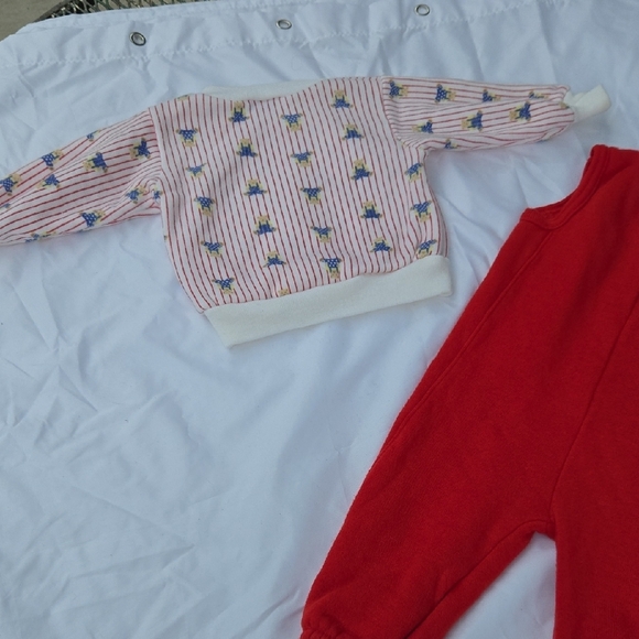 Vintage Red Baby Overalls with Bear Patch and Striped Sweater - Picture 6 of 8